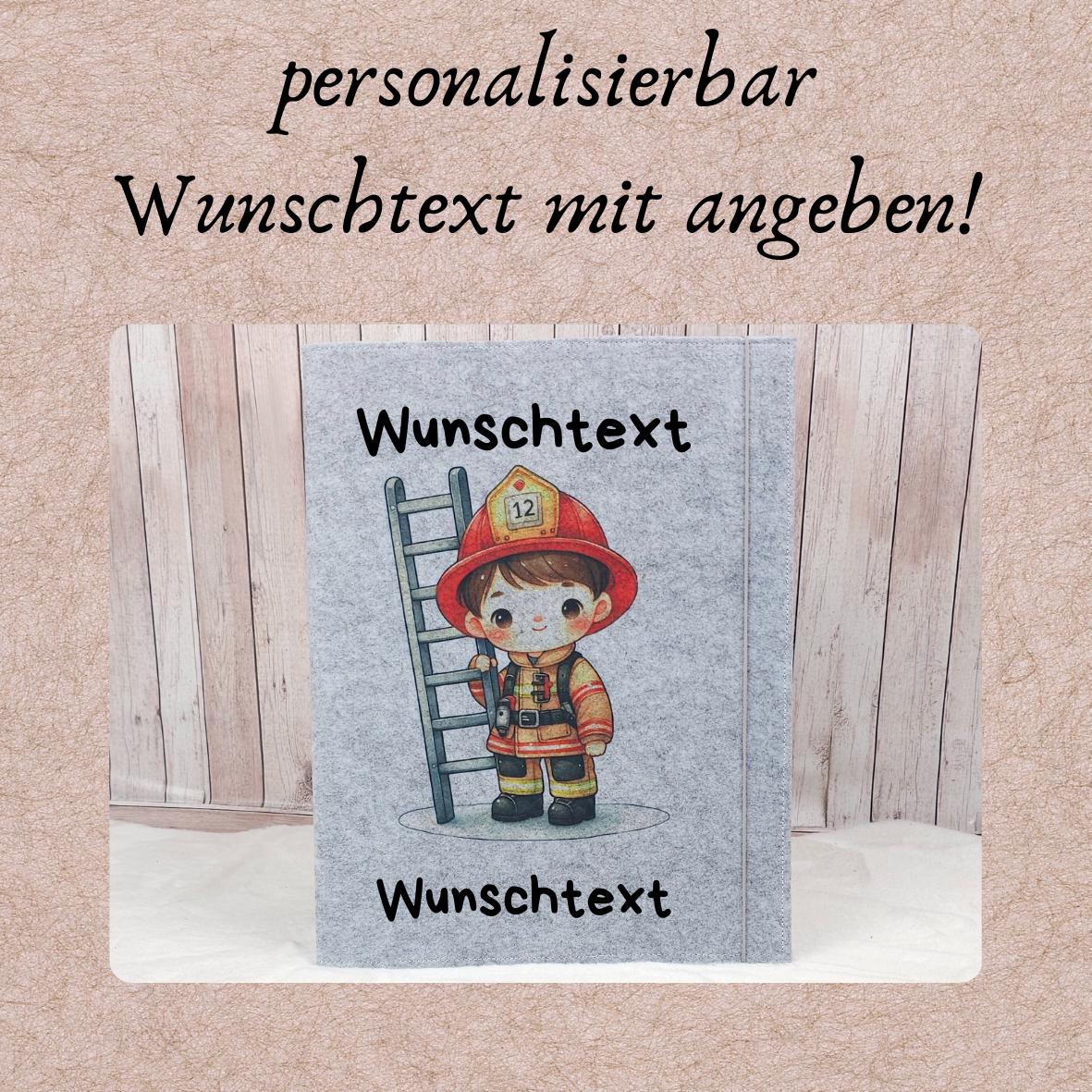 Zeugnismappe aus Filz | personalisierbar | Zeugnishülle Feuerwehrjunge grau | Organizer Schule
