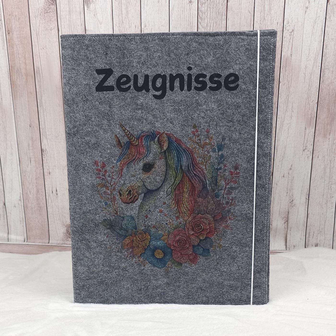 Zeugnismappe aus Filz | Zeugnishülle Einhorn dunkelgrau | Organizer Schule