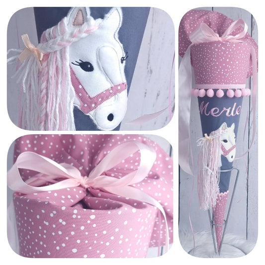 Schultüte mit Name | Pferdekopf | dunkelgrau/mauve Tupfen | Einschulung | personalisierte Zuckertüte | Schultüte aus Stoff | Kissen