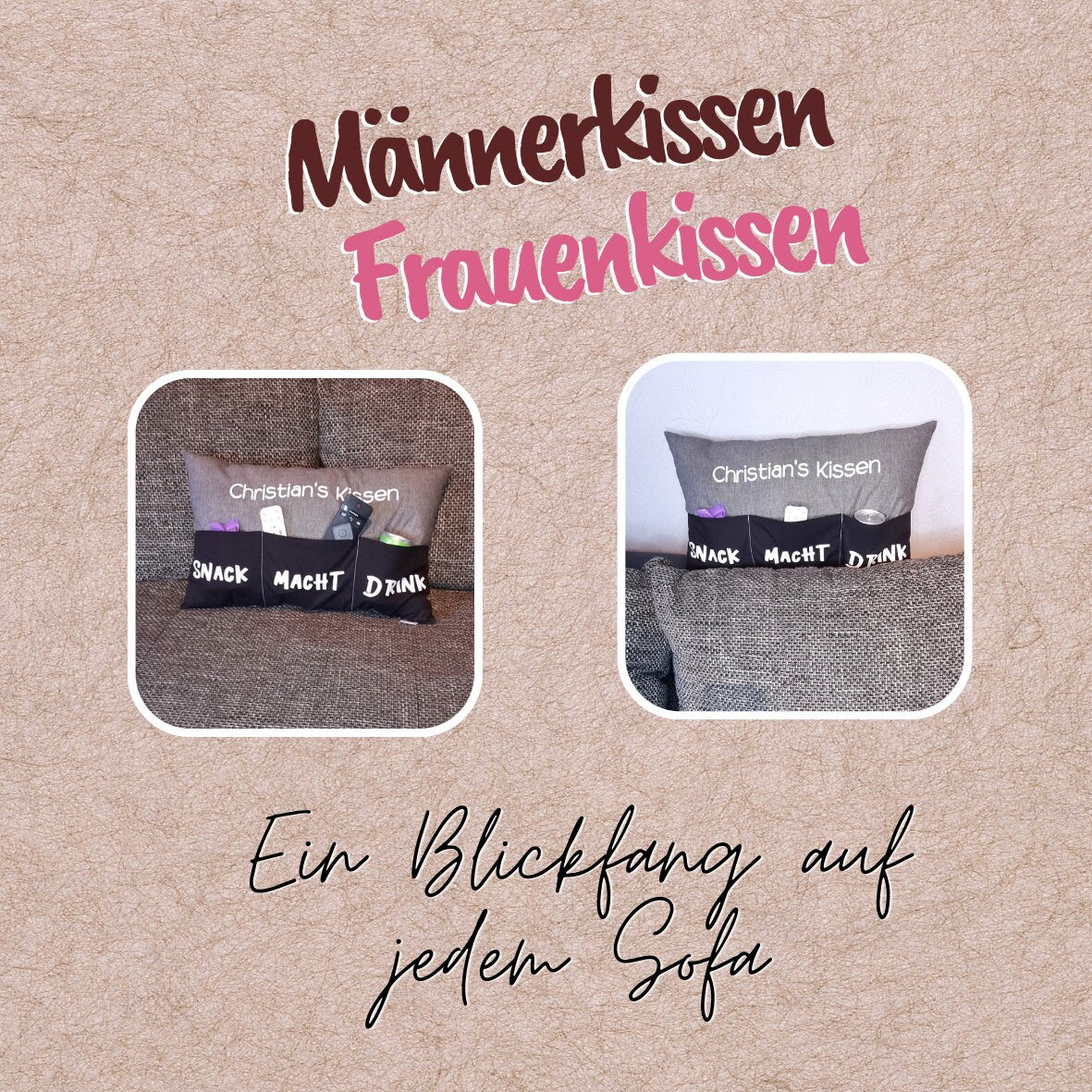 Männerkissen mit Taschen | Frauenkissen | personalisierbar | Geschenkidee | Sofakissen | Chefplatzkissen