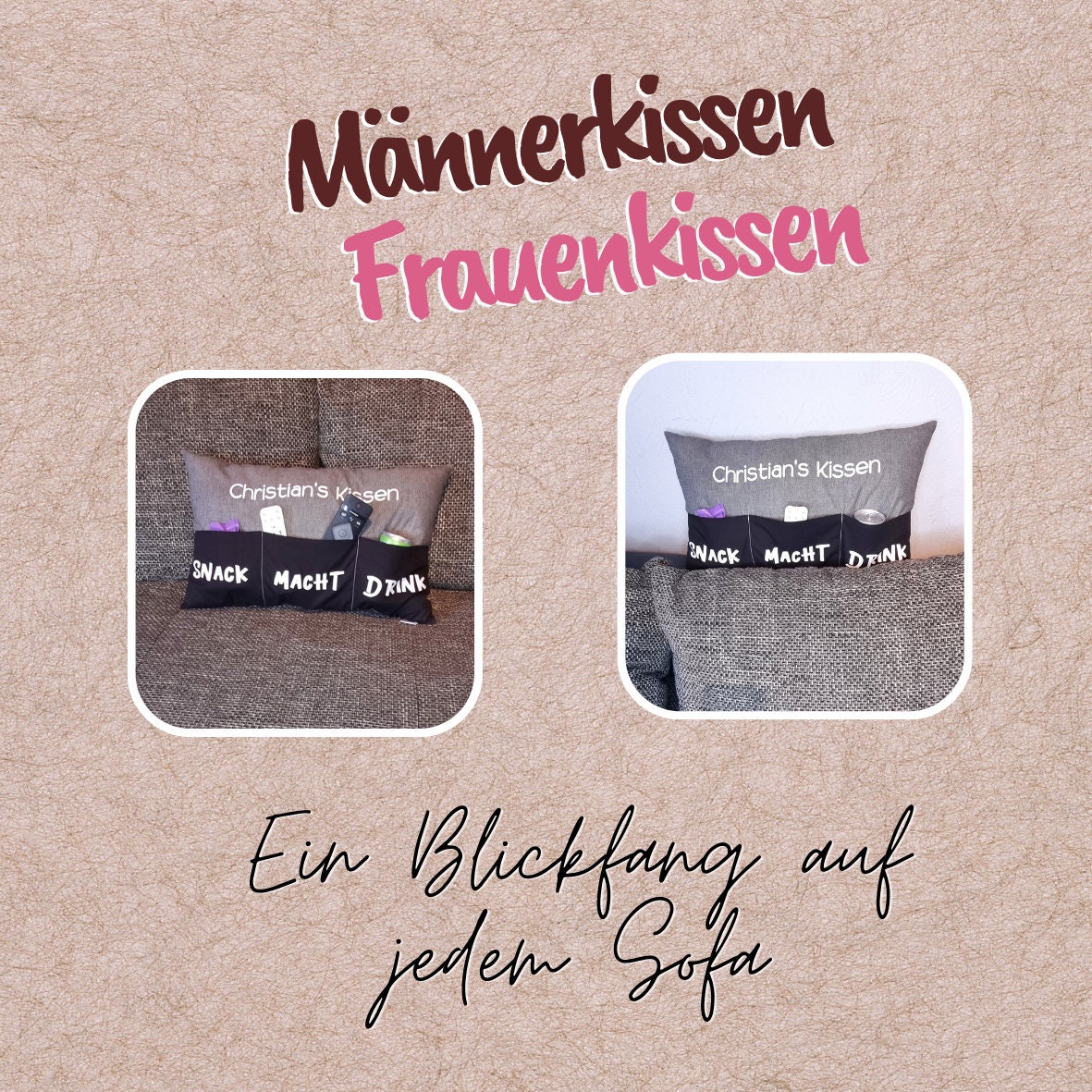 Frauenkissen mit Taschen | Männerkissen | personalisierbar | Geschenkidee | Sofakissen | Chefplatzkissen