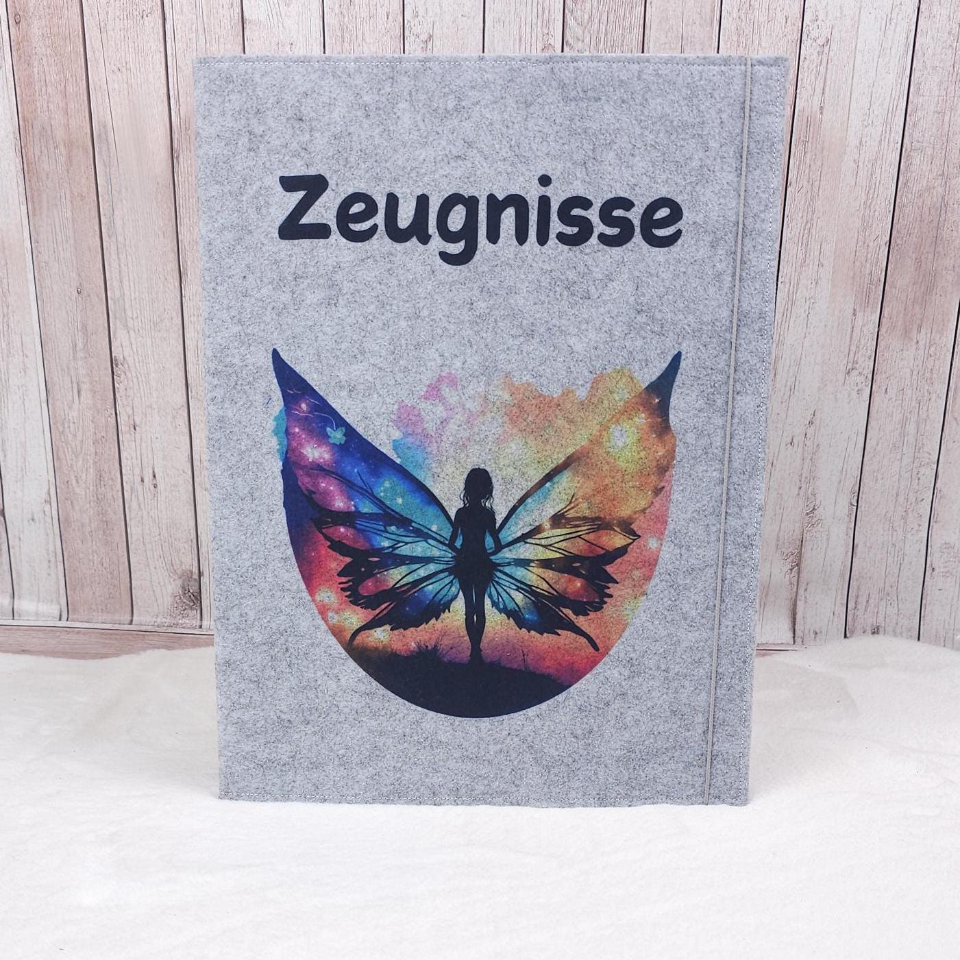 Zeugnismappe aus Filz | Zeugnishülle Schmetterling hellgrau | Organizer Schule