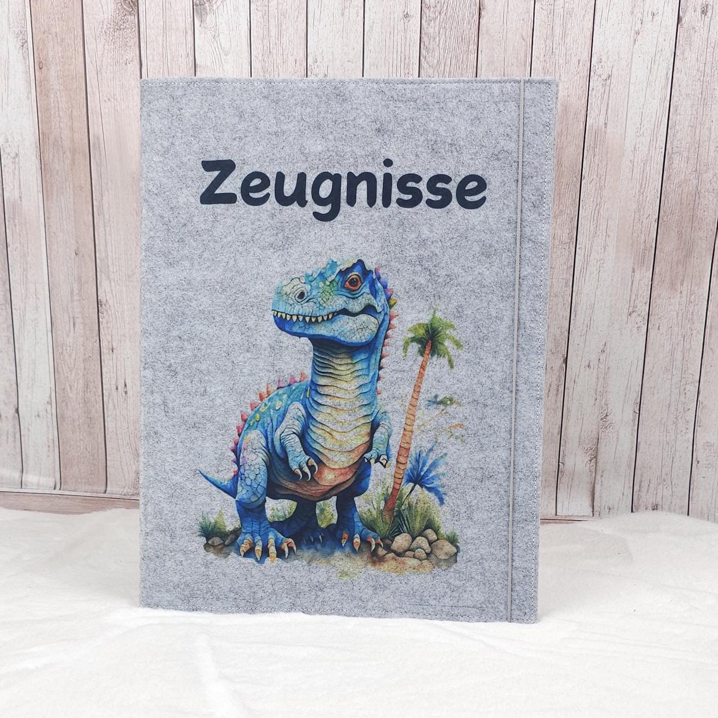 Zeugnismappe aus Filz | Zeugnishülle T-Rex hellgrau | Organizer Schule