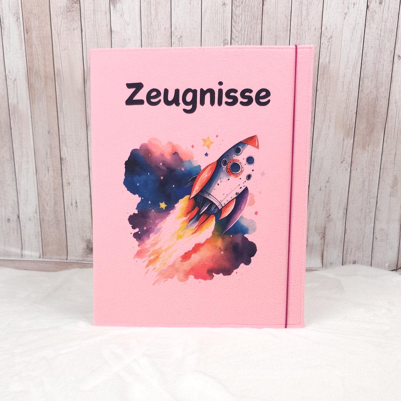 Zeugnismappe aus Filz | Zeugnishülle Rakete rosa | Organizer Schule