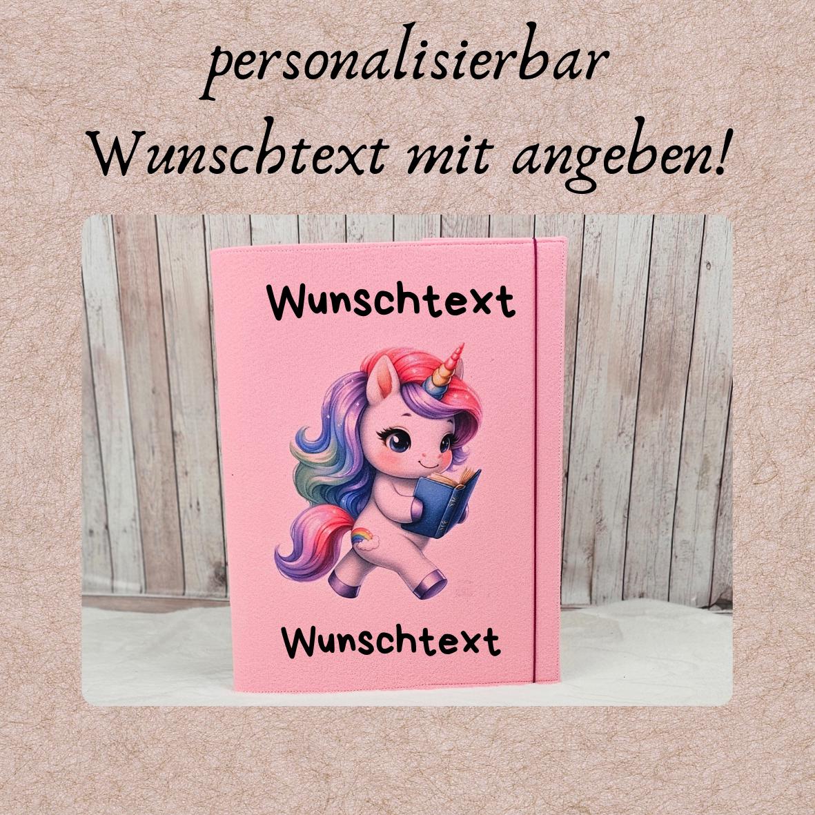 Zeugnismappe aus Filz | personalisierbar | Zeugnishülle Einhorn rosa | Organizer Schule