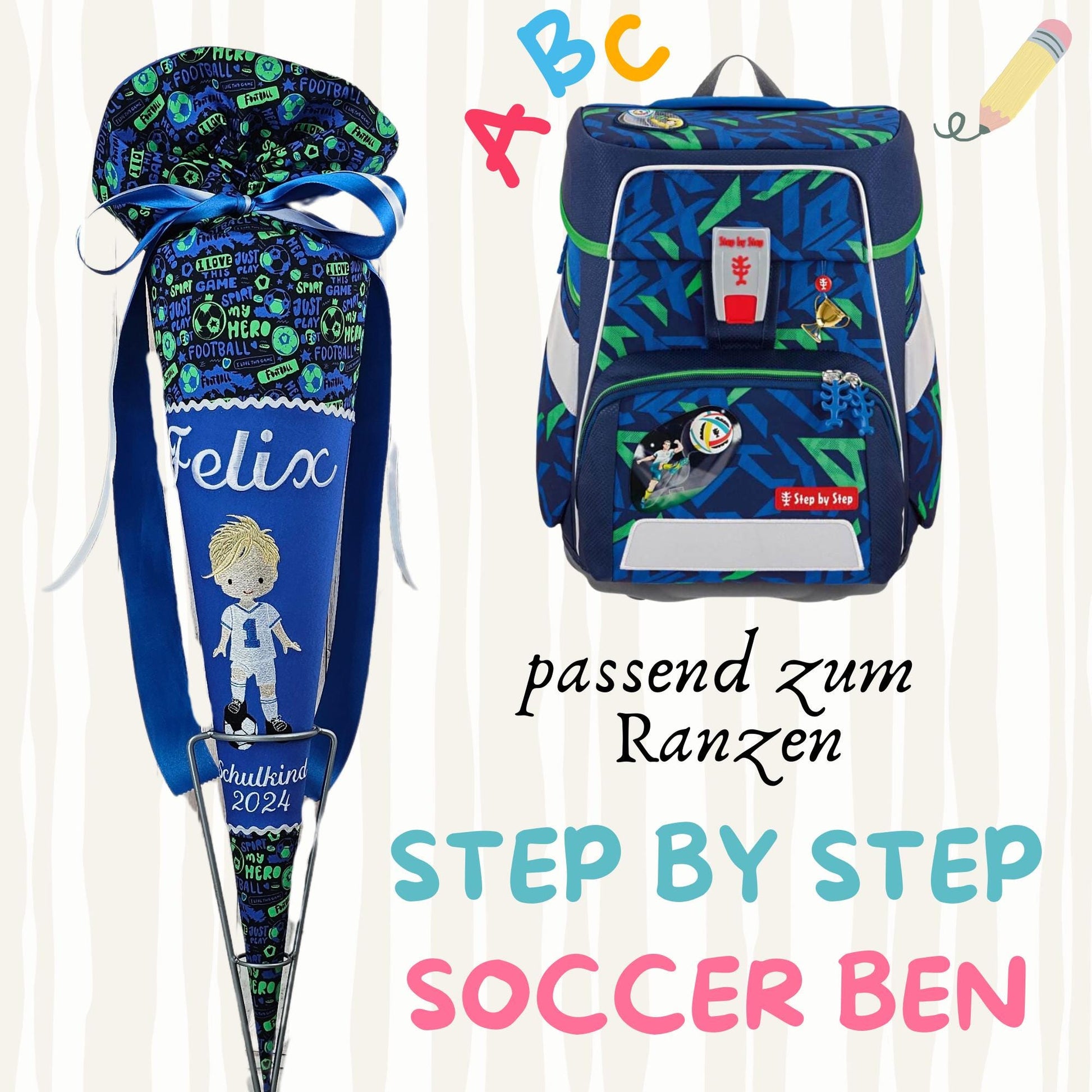 Schultüte passend zum Ranzen Soccer Ben von Step by Step | Zuckertüte 70 cm bestickt | Einschulung | mit Anhänger