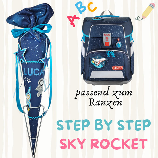 Schultüte passend zum Ranzen Sky Rocket von Step by Step | Leuchtet im Dunkeln | Zuckertüte 70 cm bestickt | Einschulung | mit Anhänger