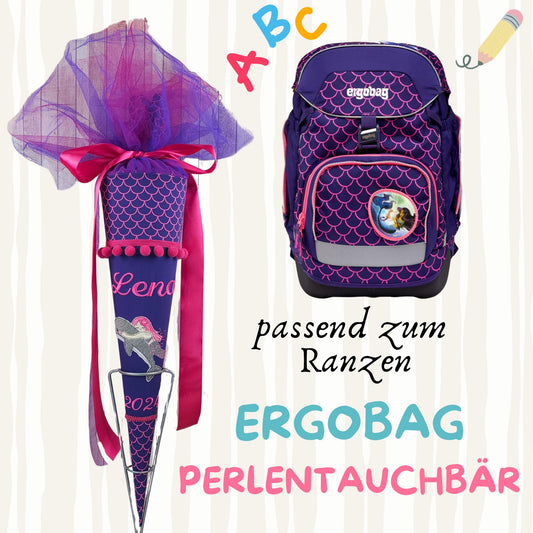 Schultüte passend zum Ranzen PerlentauchBär von Ergobag | mit Tüll | Zuckertüte 70 cm bestickt | Einschulung