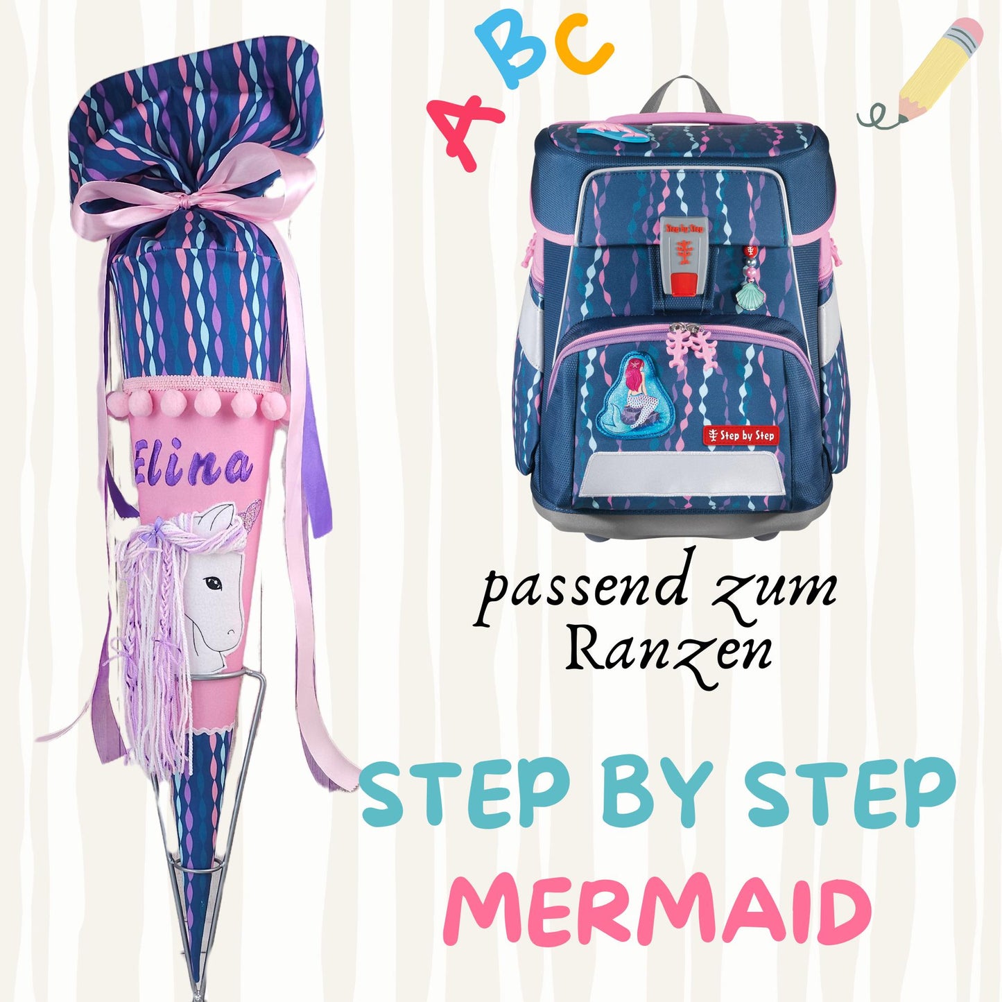 Schultüte passend zum Ranzen Mermaid von Step by Step | Zuckertüte 70 cm bestickt | Einschulung