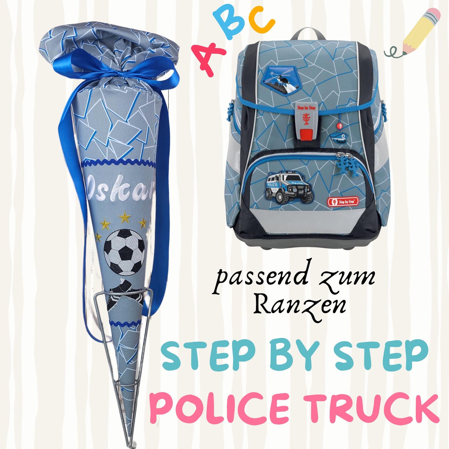 Schultüte passend zum Ranzen Police Truck von Step by Step | Zuckertüte 70 cm bestickt | Einschulung