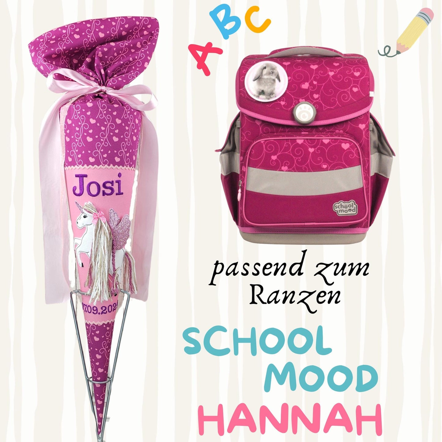 Schultüte passend zum Ranzen Hannah von School Mood | Zuckertüte 70 cm bestickt | Einschulung