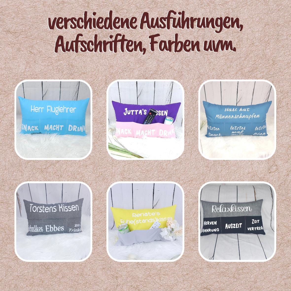 Kissen mit Taschen 40x40cm | Geschenkidee | Sofakissen | personalisierbar | Deko Kissen | Männerkissen | Frauenkissen | Kuschelkissen