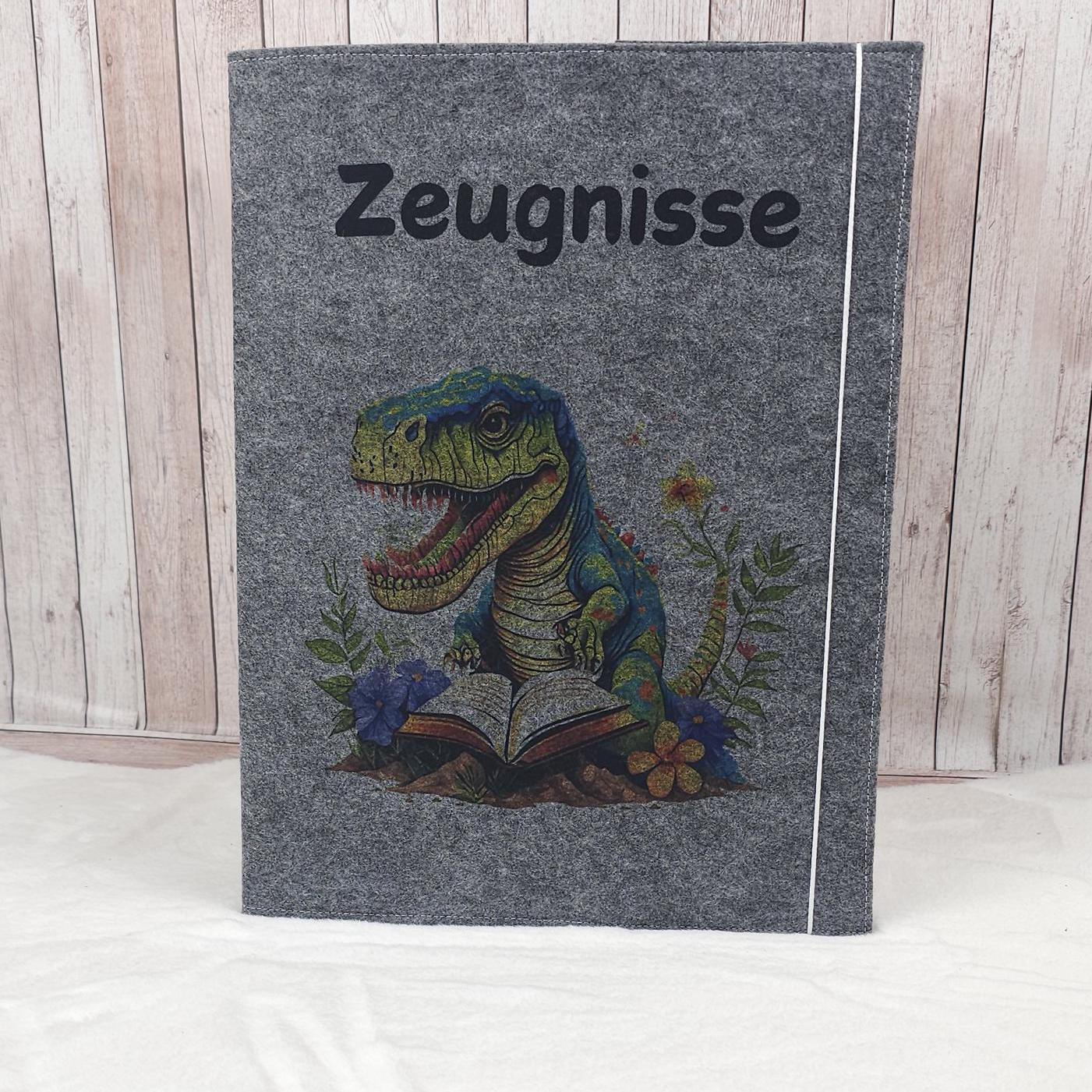 Zeugnismappe aus Filz | Zeugnishülle T-Rex dunkelgrau | Organizer Schule