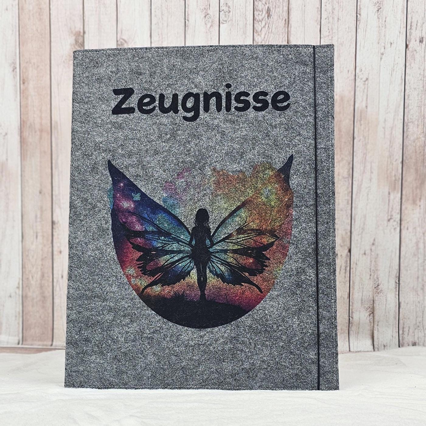 Zeugnismappe aus Filz | Zeugnishülle Schmetterling dunkelgrau | Organizer Schule