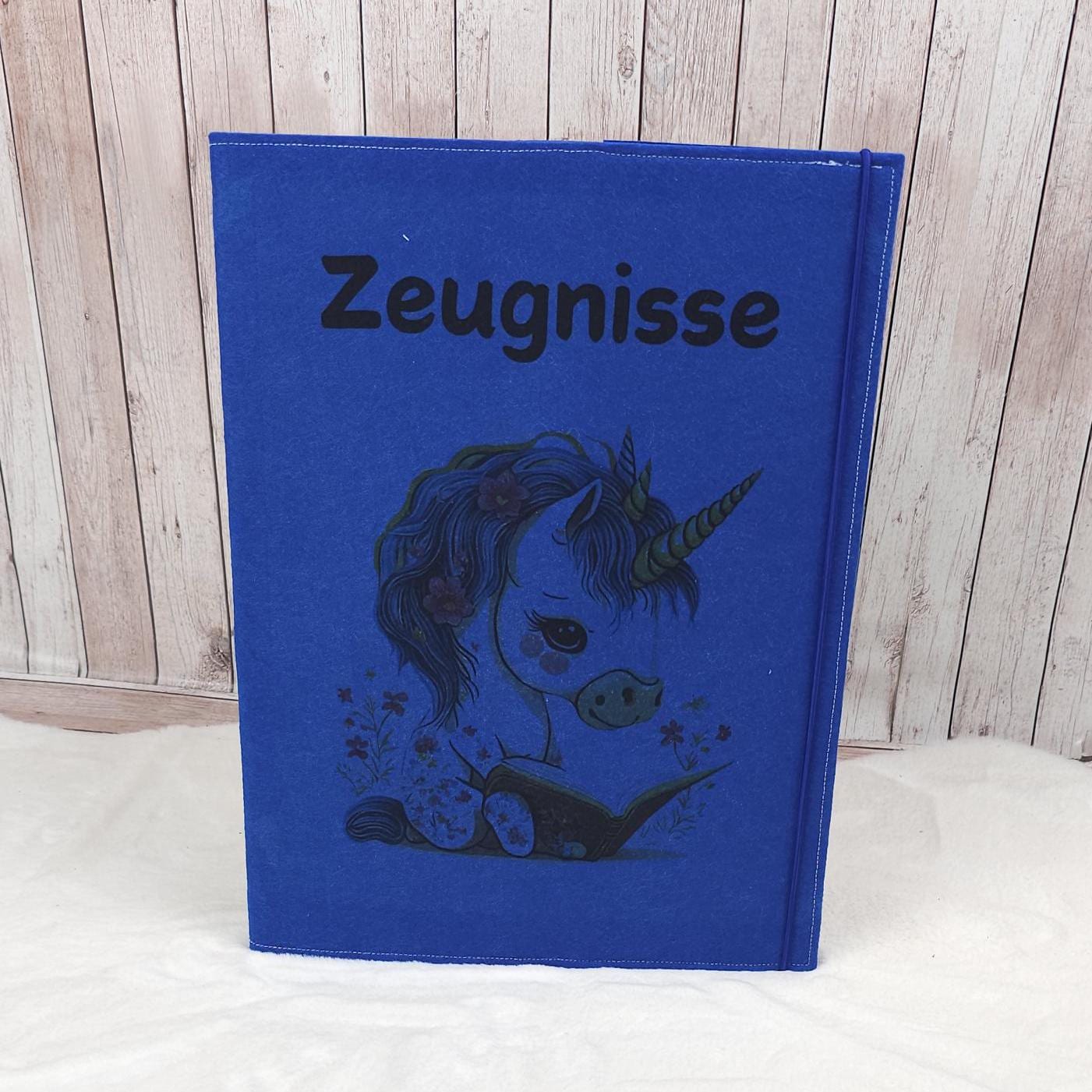 Zeugnismappe aus Filz | Zeugnishülle Einhorn blau | Organizer Schule