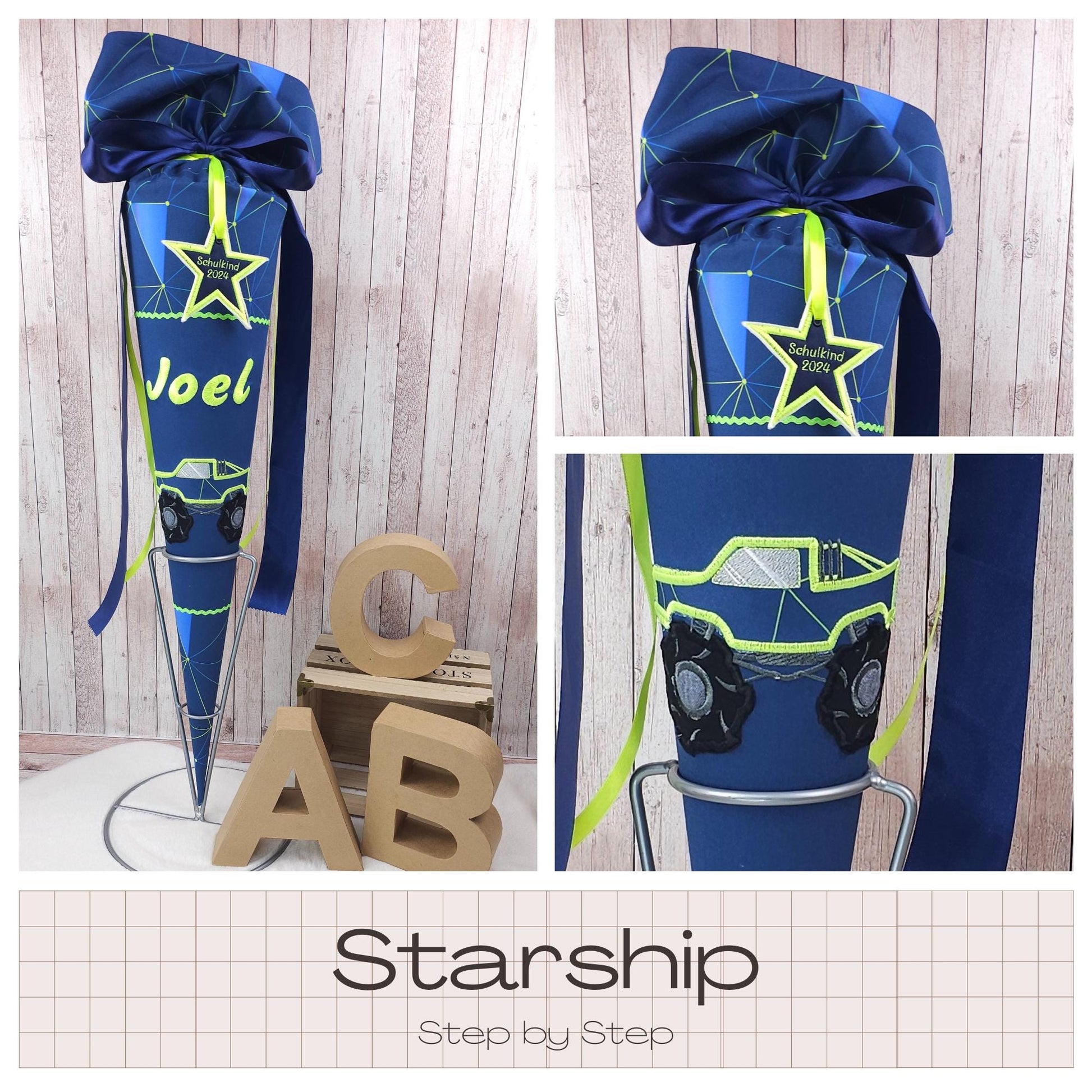 Schultüte passend zum Ranzen Starship von Step by Step | Zuckertüte 70 cm bestickt | Einschulung | mit Anhänger