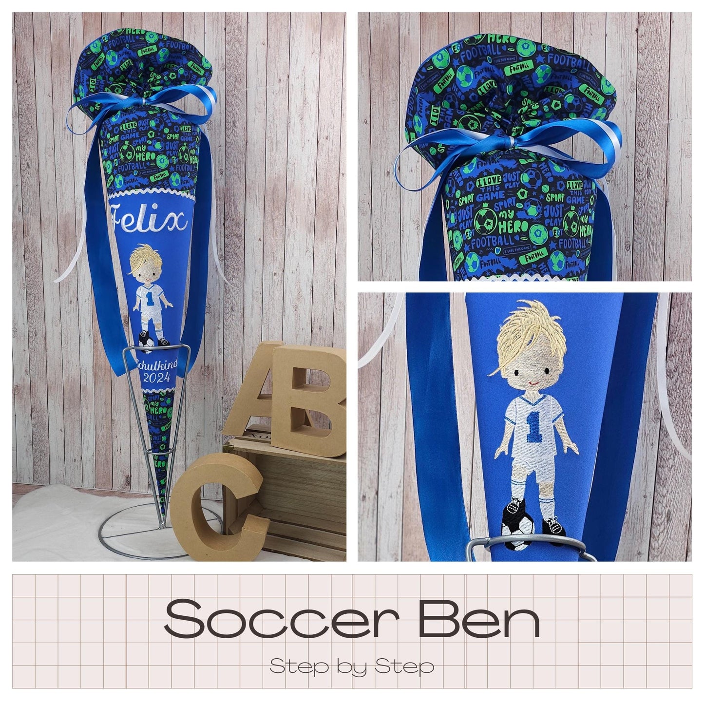 Schultüte passend zum Ranzen Soccer Ben von Step by Step | Zuckertüte 70 cm bestickt | Einschulung | mit Anhänger