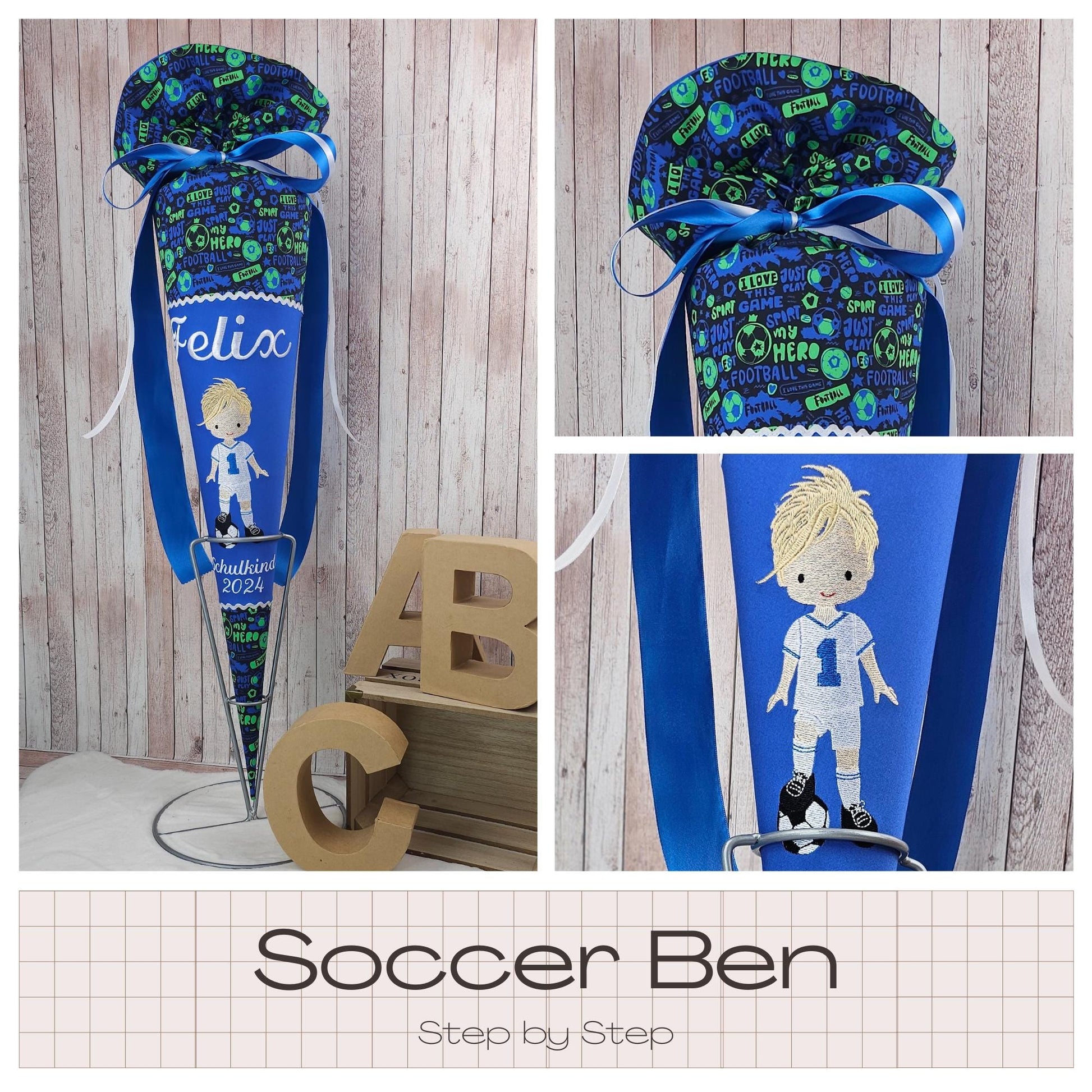 Schultüte passend zum Ranzen Soccer Ben von Step by Step | Zuckertüte 70 cm bestickt | Einschulung | mit Anhänger