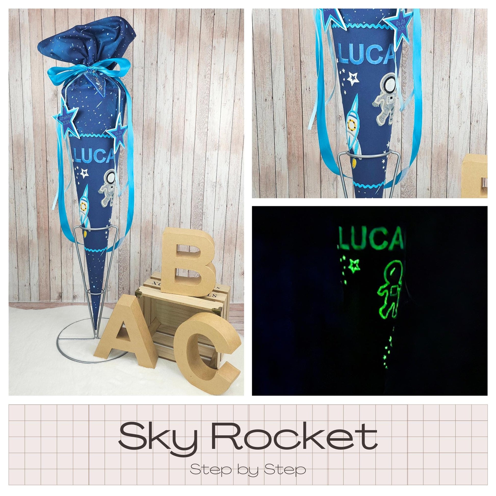 Schultüte passend zum Ranzen Sky Rocket von Step by Step | Leuchtet im Dunkeln | Zuckertüte 70 cm bestickt | Einschulung | mit Anhänger