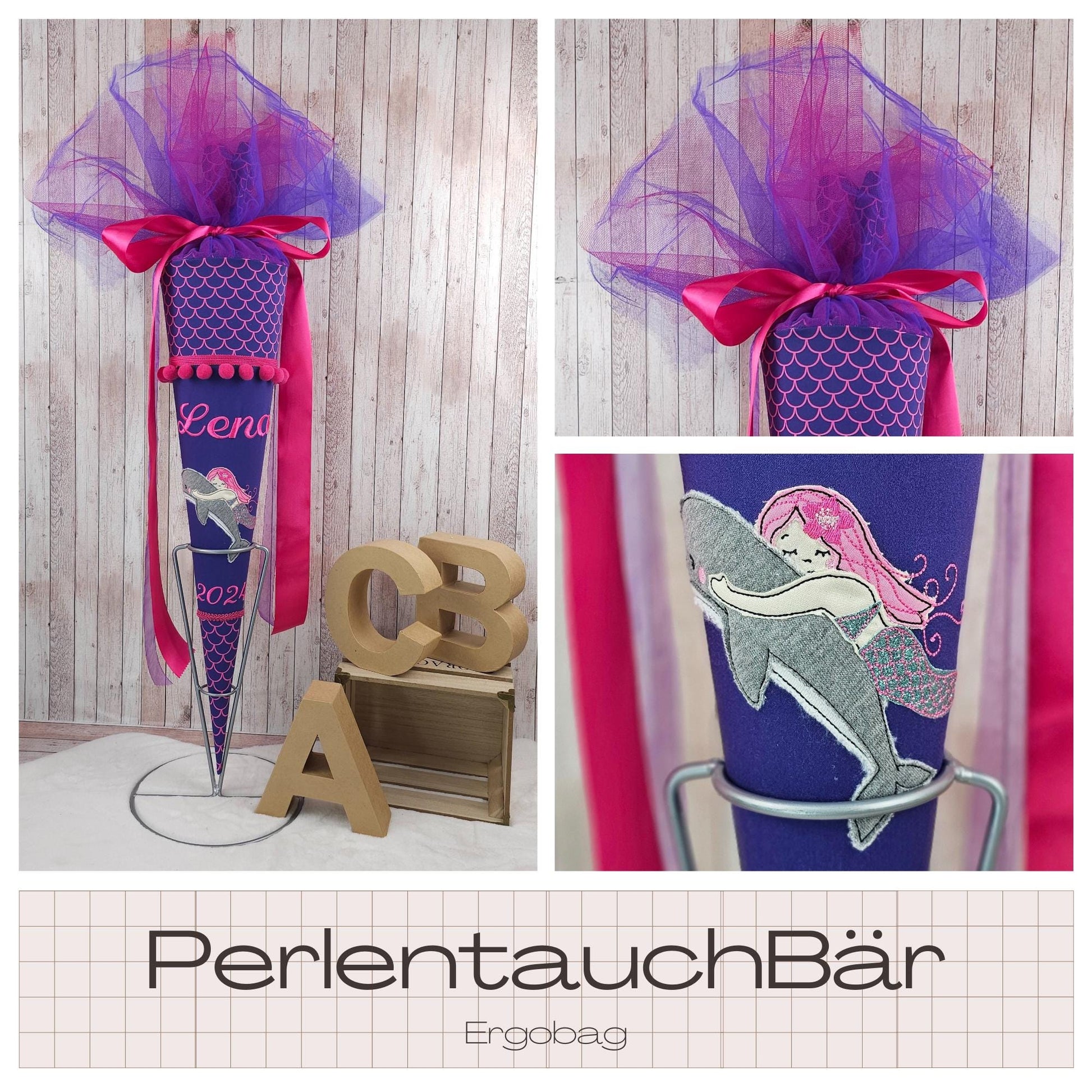 Schultüte passend zum Ranzen PerlentauchBär von Ergobag | mit Tüll | Zuckertüte 70 cm bestickt | Einschulung