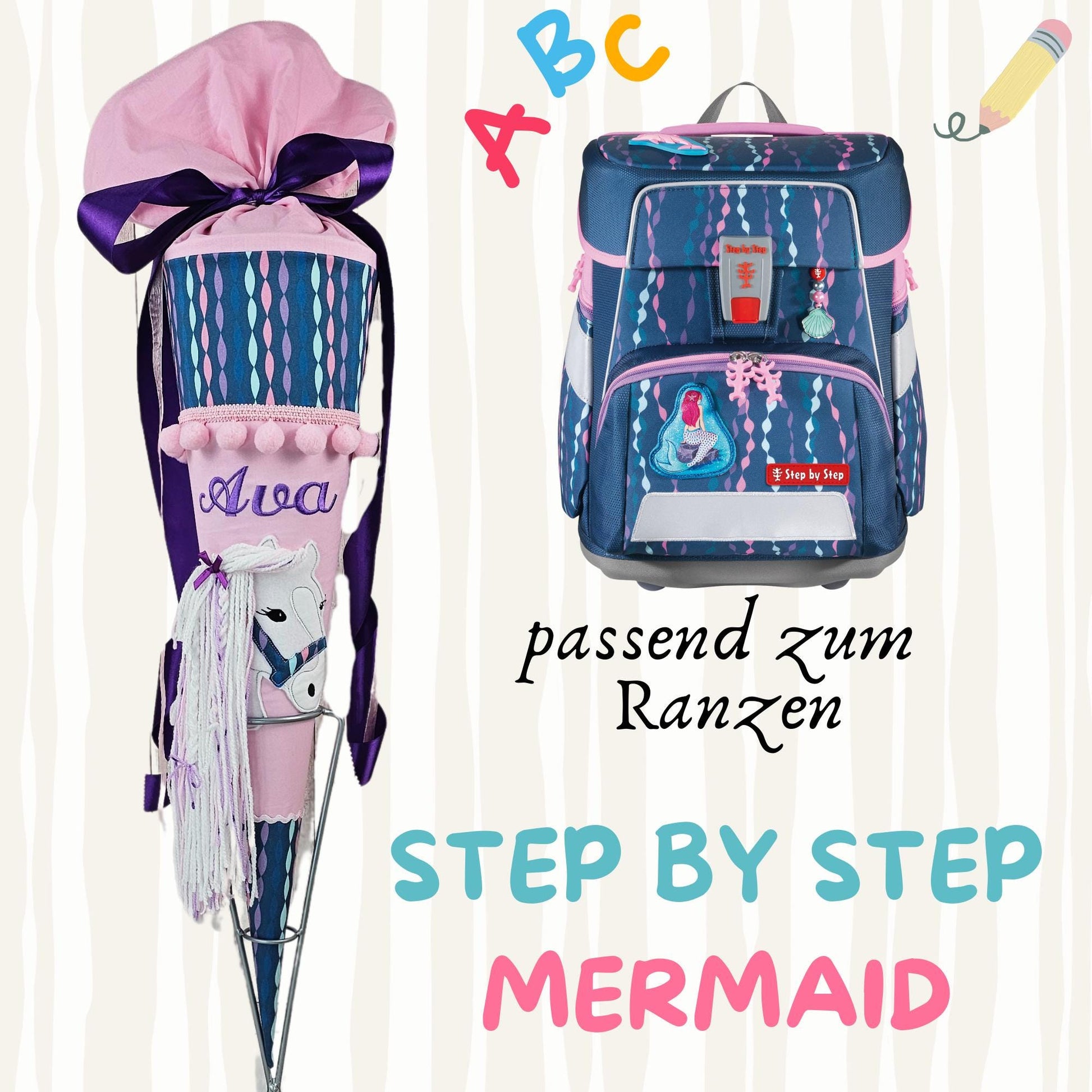 Schultüte passend zum Ranzen Mermaid von Step by Step | Zuckertüte 70 cm bestickt | Einschulung