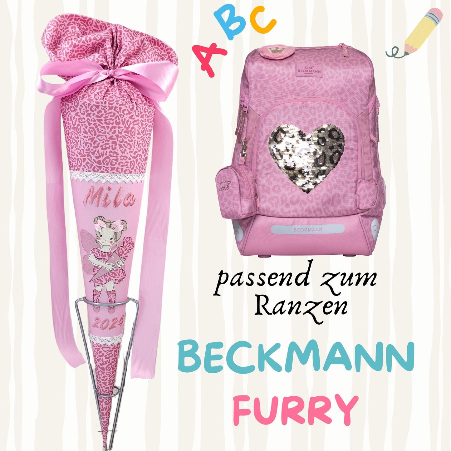 Schultüte passend zum Ranzen Furry von Beckmann | Zuckertüte 70 cm bestickt | Einschulung