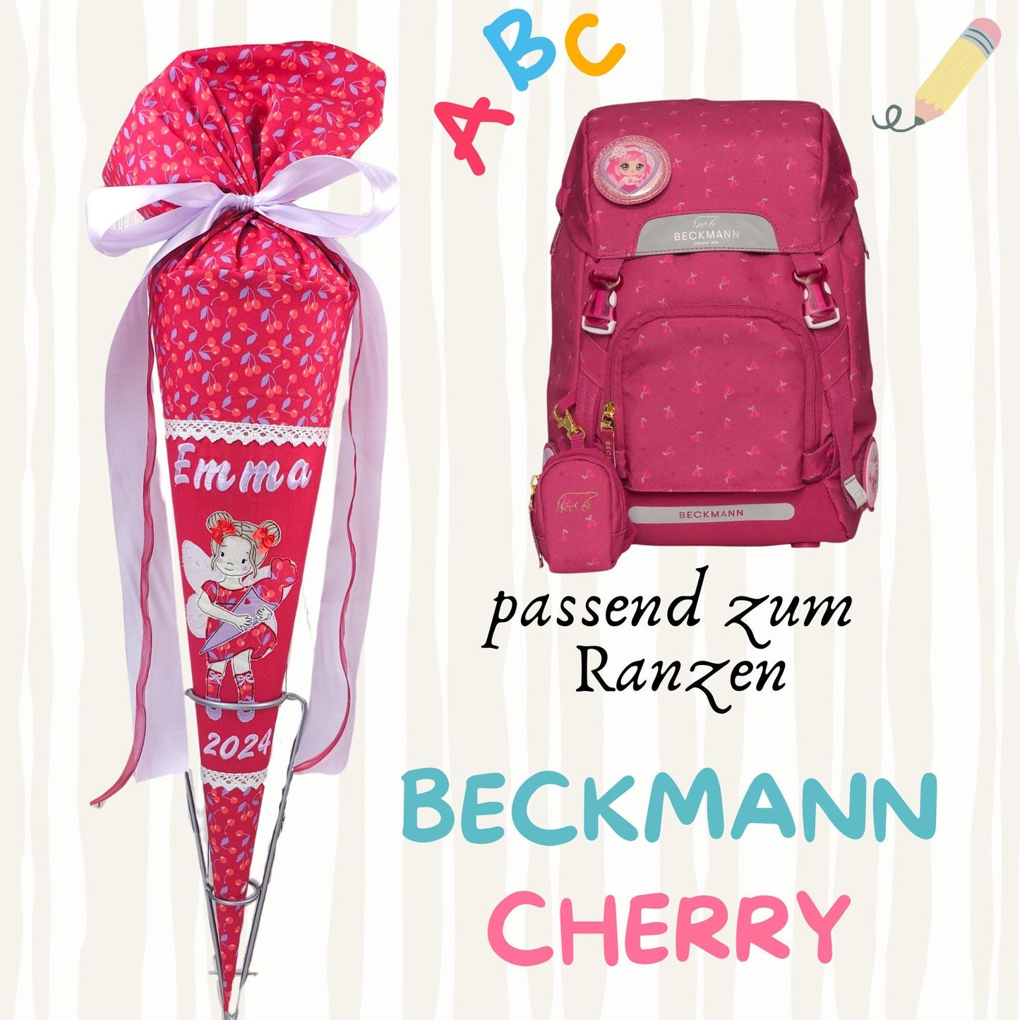 Schultüte passend zum Ranzen Cherry von Beckmann | Zuckertüte 70 cm bestickt | Einschulung