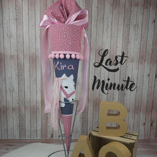 Last Minute Schultüte mit Name | Pferdekopf | dunkelgrau/mauve Tupfen | 1 Woche Versand |