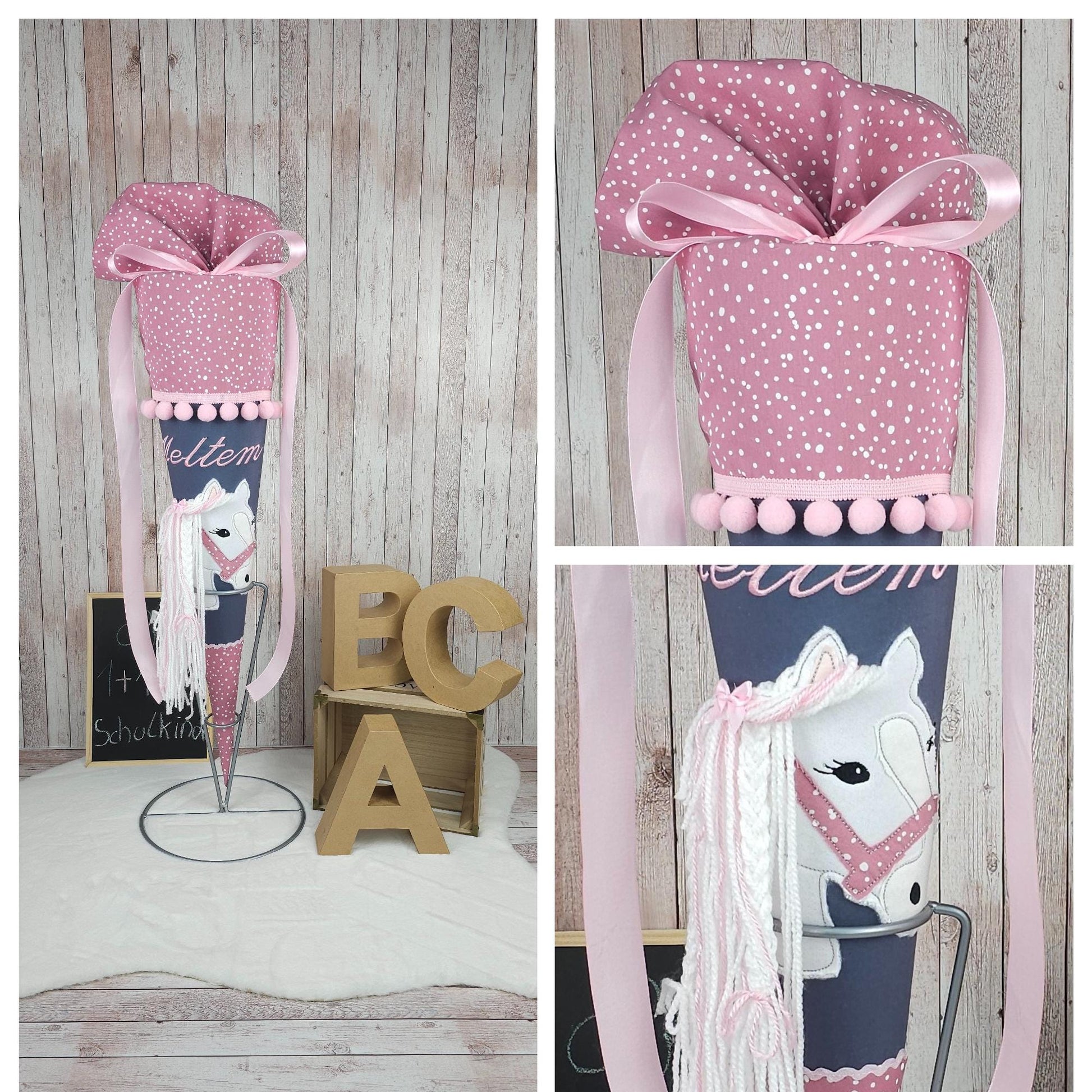 Last Minute Schultüte mit Name | Pferdekopf | dunkelgrau/mauve Tupfen | 1 Woche Versand |