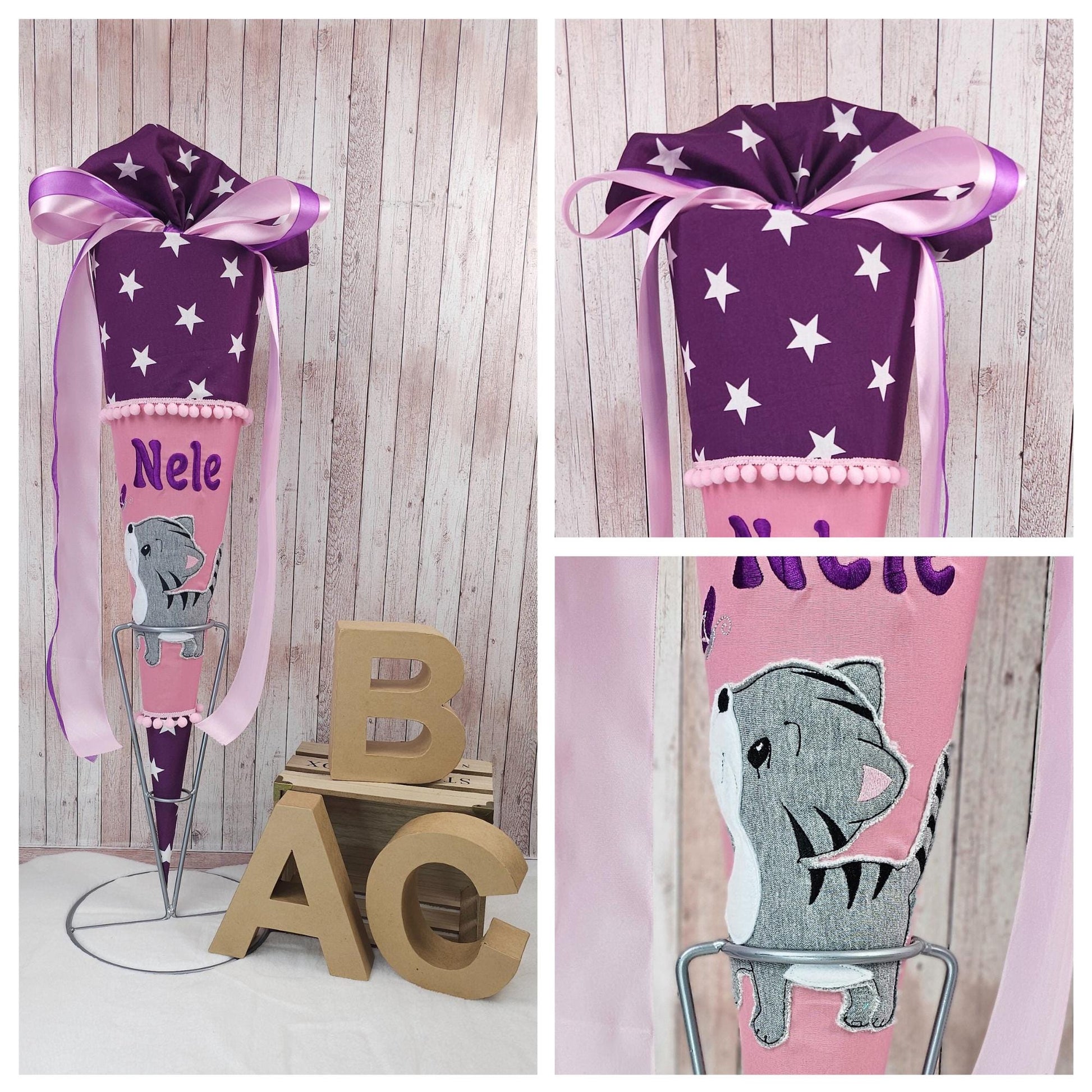 Schultüte mit Name und Katze | Violett Sterne/rosa | Einschulung | Zuckertüte | Schultütenkissen