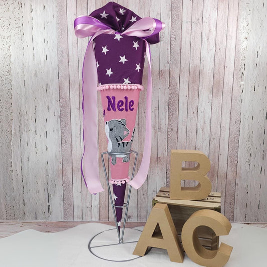 Schultüte mit Name und Katze | Violett Sterne/rosa | Einschulung | Zuckertüte | Schultütenkissen