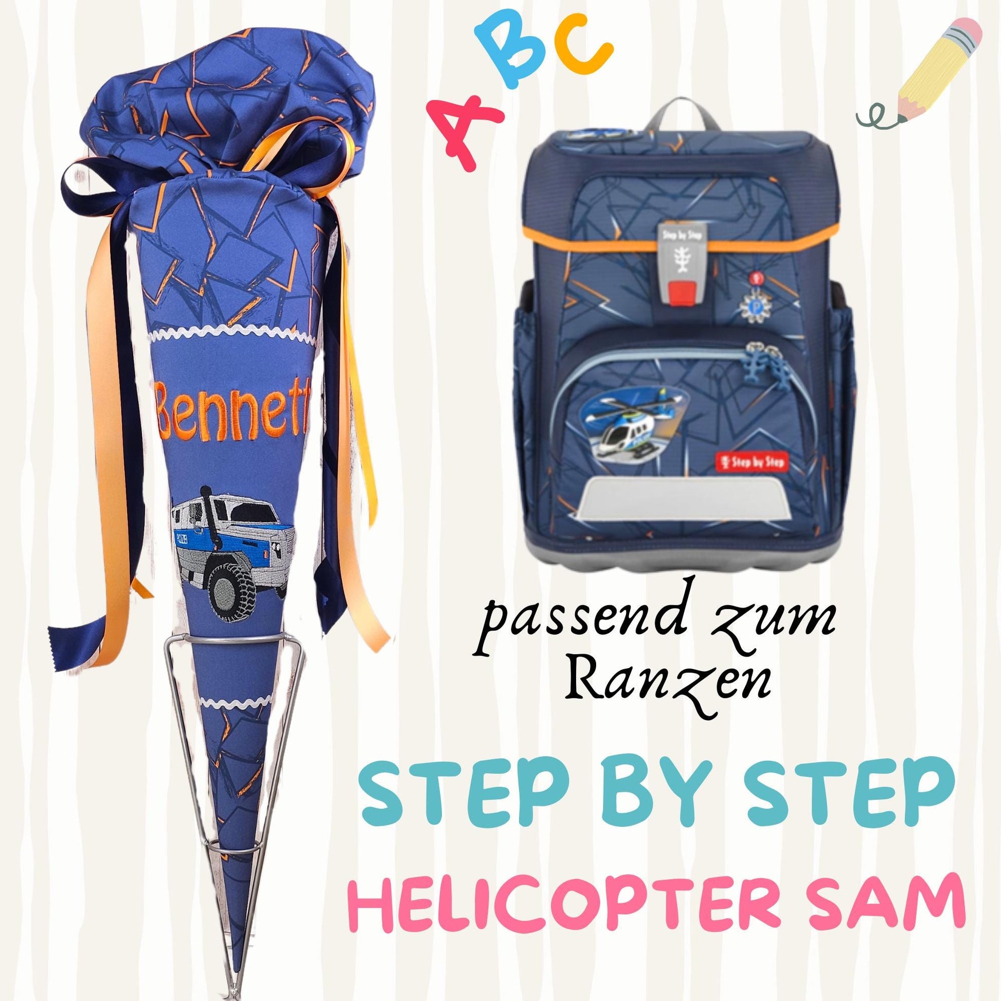 Schultüte passend zum Ranzen Helicopter Sam von Step by Step | Zuckertüte 70 cm bestickt | Einschulung