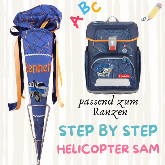 Schultüte passend zum Ranzen Helicopter Sam von Step by Step | Zuckertüte 70 cm bestickt | Einschulung