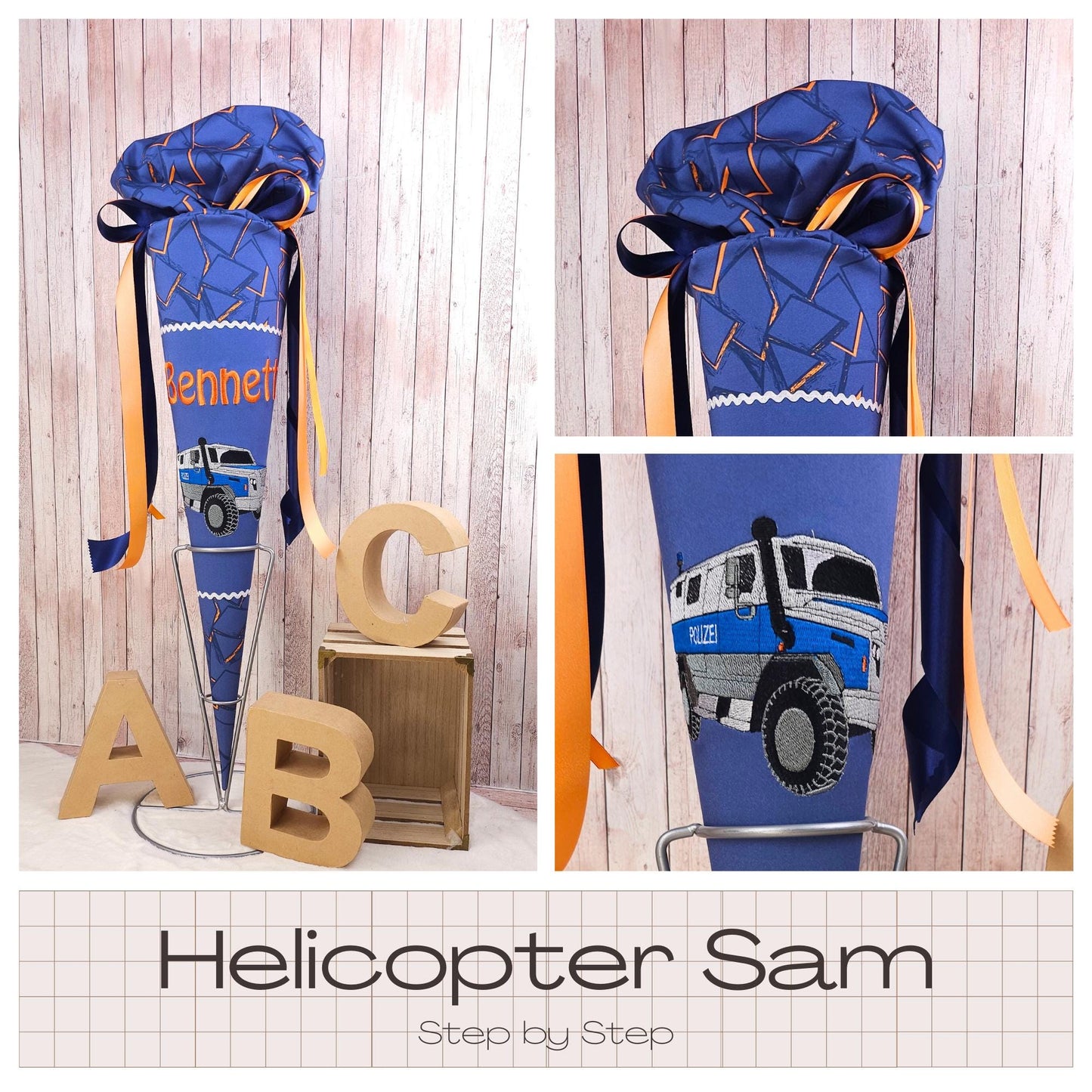 Schultüte passend zum Ranzen Helicopter Sam von Step by Step | Zuckertüte 70 cm bestickt | Einschulung