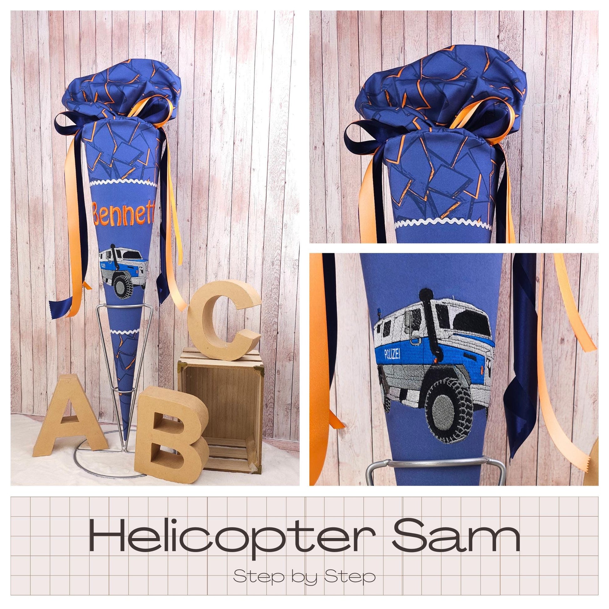 Schultüte passend zum Ranzen Helicopter Sam von Step by Step | Zuckertüte 70 cm bestickt | Einschulung