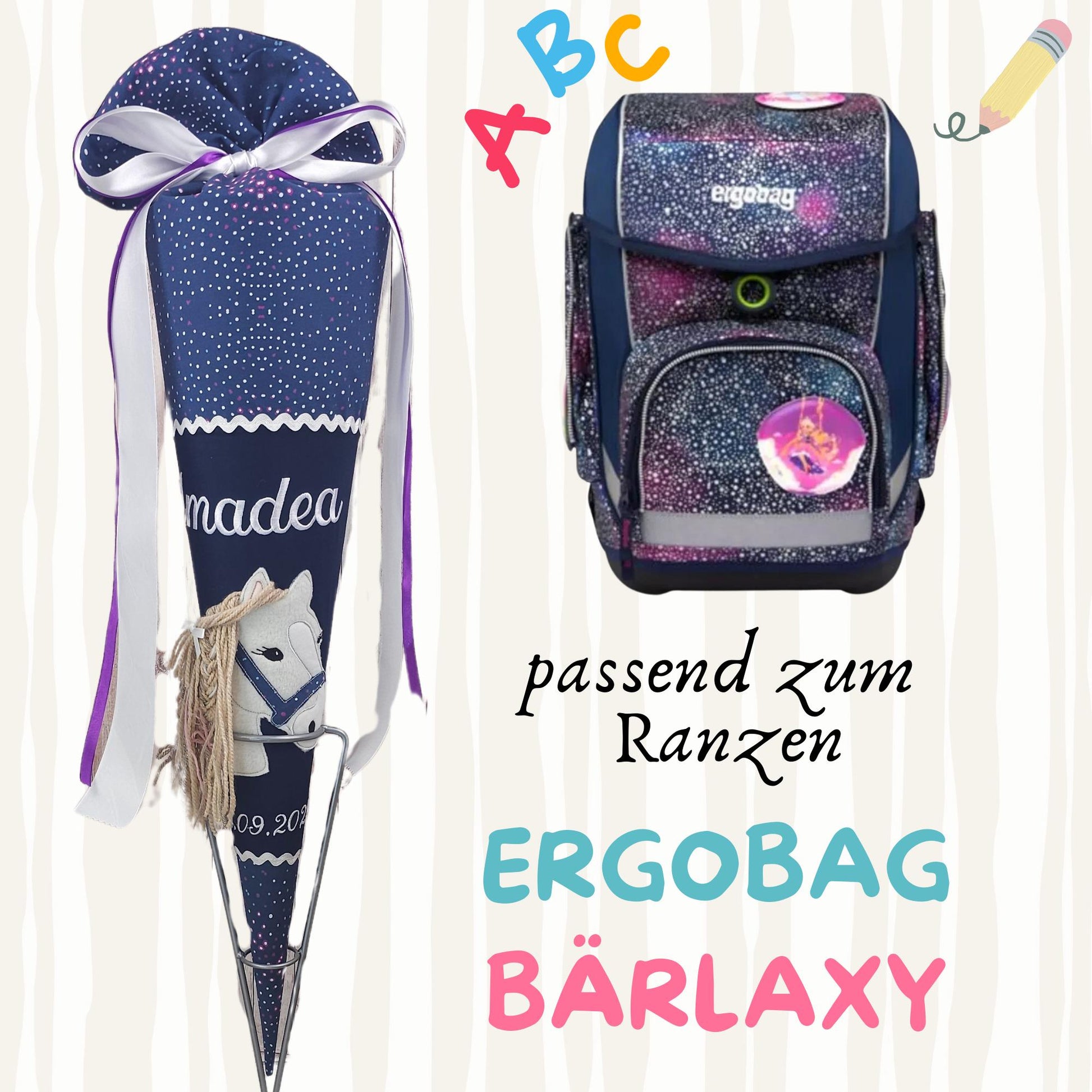 Schultüte passend zum Ranzen Bärlaxy von Ergobag | Zuckertüte 70 cm bestickt | Einschulung