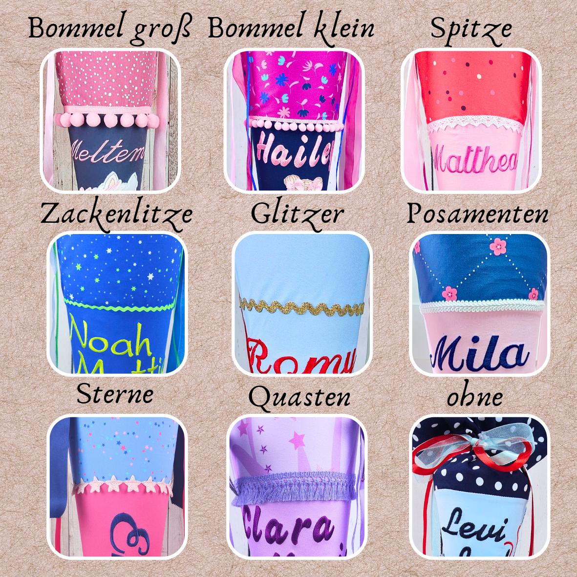 Schultüte mit Name | Pferdekopf | dunkelgrau/mauve Tupfen | Einschulung | personalisierte Zuckertüte | Schultüte aus Stoff | Kissen