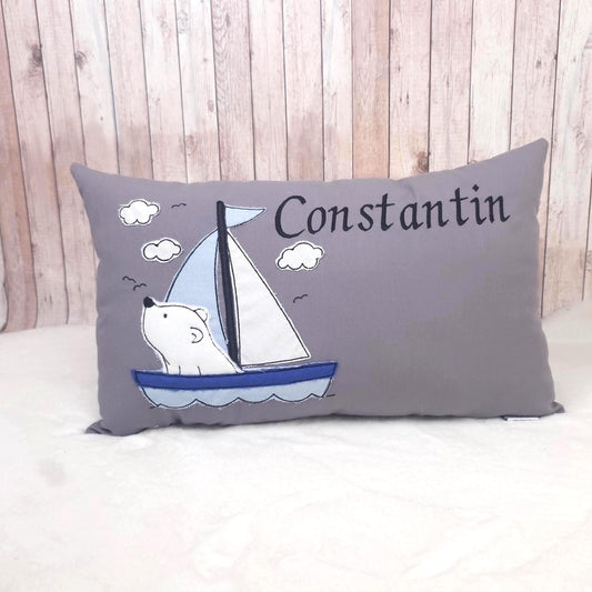 Kissen mit Eisbär und Segelboot | Name und Geburtsdatum | Taufkissen | Kuschelkissen | Dekokissen