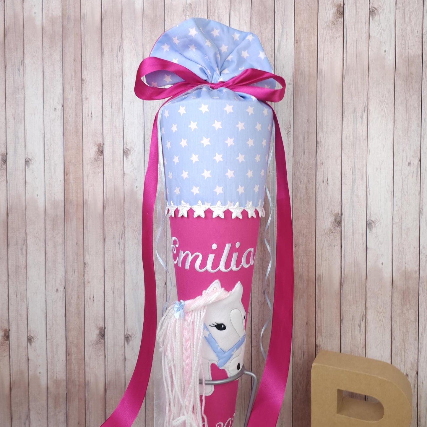 Schultüte mit Name | Pferdekopf | pink/hellblau Sterne| Einschulung | Zuckertüte | Zuckertüte Pferd mit Name | Schultüte Pferdeliebe