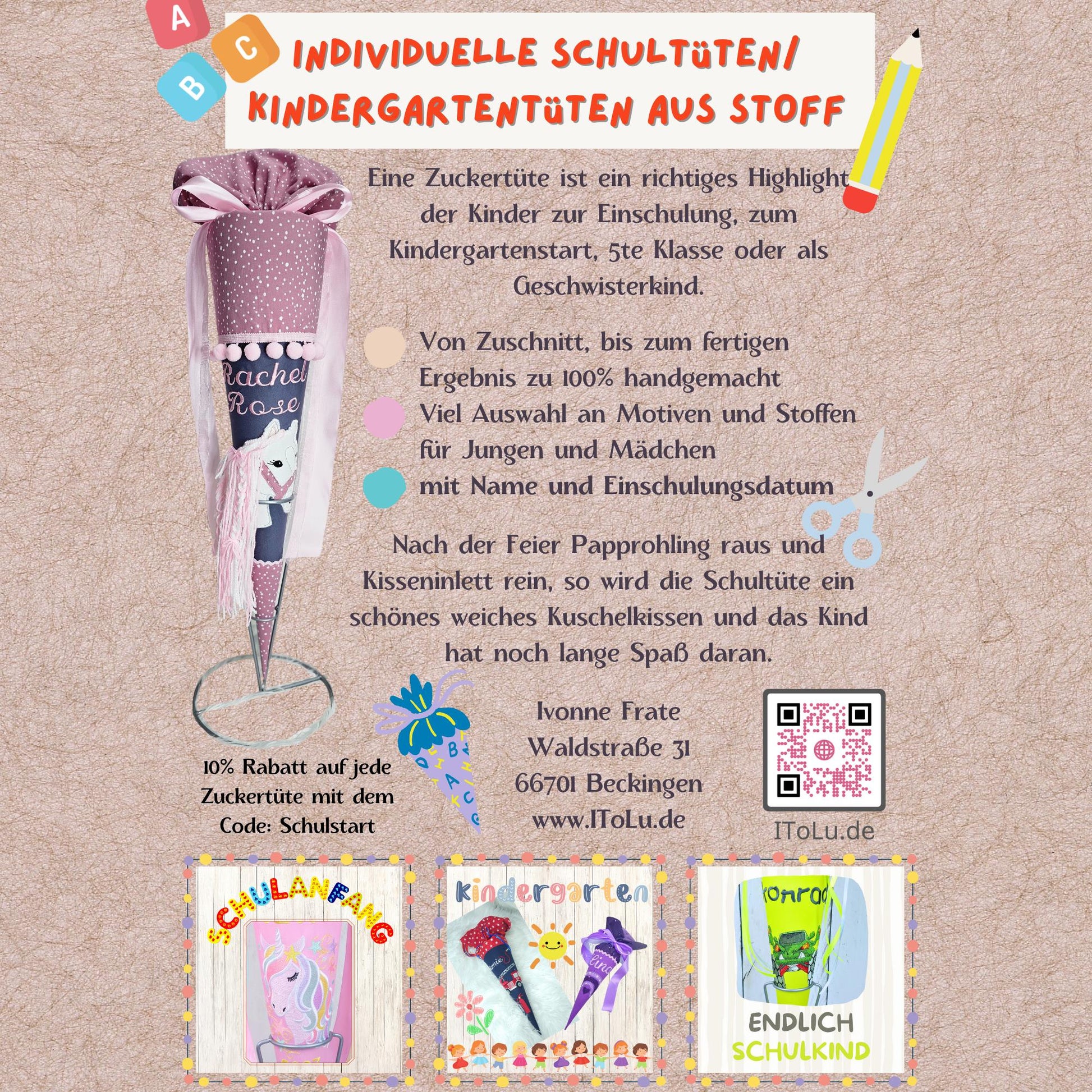 Kindergartentüte | Geschwistertüte | Controller | Kindergartenstart | 5. Klasse-Schultüte | Kissen | Trosttüte | individuelle Schultüten