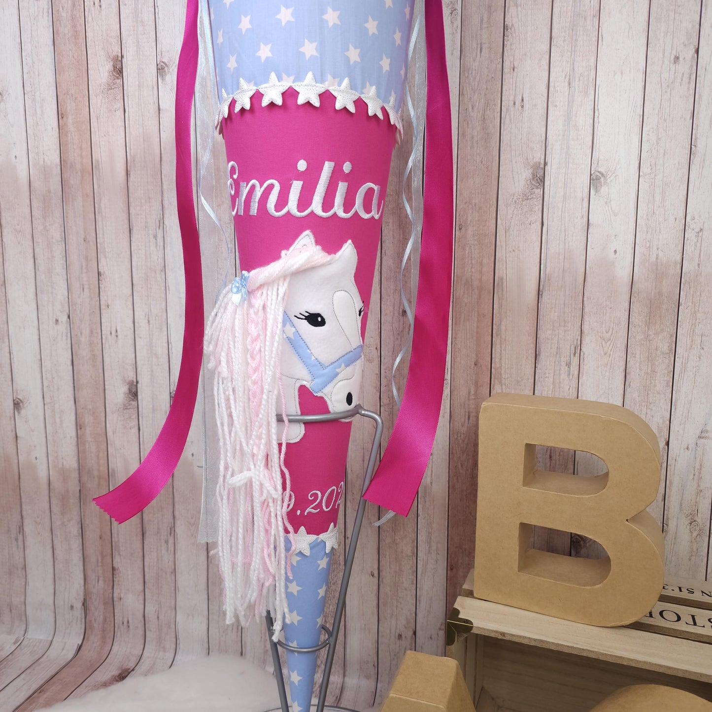 Schultüte mit Name | Pferdekopf | pink/hellblau Sterne| Einschulung | Zuckertüte | Zuckertüte Pferd mit Name | Schultüte Pferdeliebe