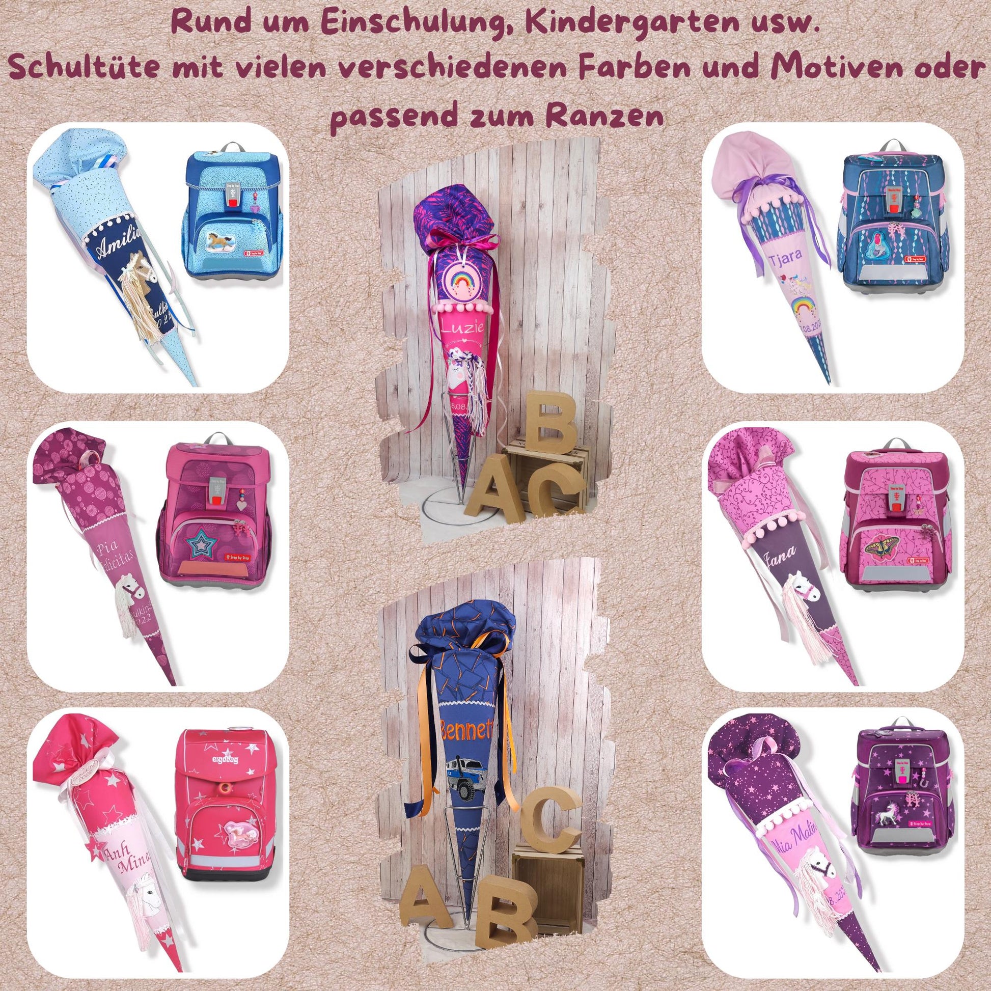 Schultüte mit Name | Pferdekopf | dunkelgrau/mauve Tupfen | Einschulung | personalisierte Zuckertüte | Schultüte aus Stoff | Kissen