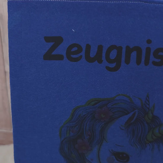 Zeugnismappe aus Filz | Zeugnishülle Einhorn blau | Organizer Schule