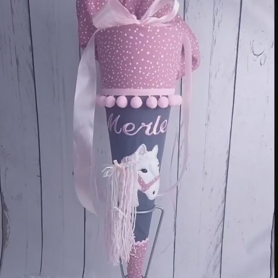 Schultüte mit Name | Pferdekopf | dunkelgrau/mauve Tupfen | Einschulung | personalisierte Zuckertüte |  Schultüte aus Stoff | Kissen