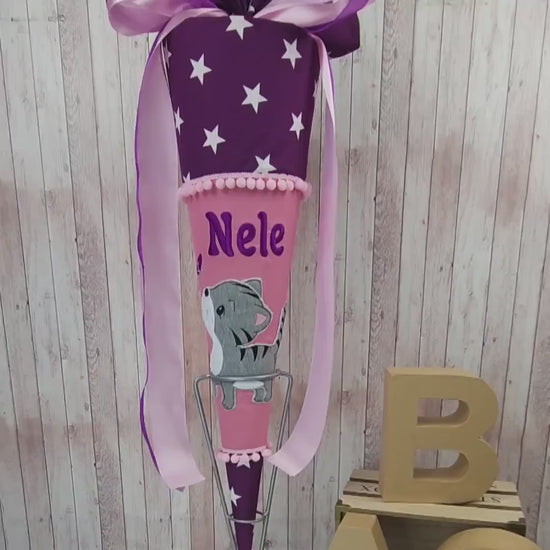 Schultüte mit Name und Katze | Violett Sterne/rosa | Einschulung | Zuckertüte | Schultütenkissen